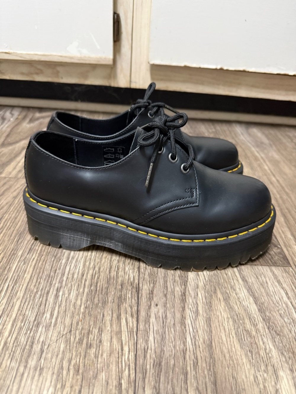 Dr. Martens Black 3-Eye Lace-Up Oxfords with Yellow Welt Stitching - Picture 3 of 6